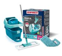 Leifheit Set de cubo con ruedas y mopa extraplana Profi XL, cubo escurridor con prensa y mopa friegasuelos con palo de acero de 3 piezas y funda de recambio para suelos delicados static plus