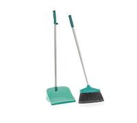 Leifheit Set de escoba con palo y recogedor abierto, escoba con cerdas bifurcadas y recogedor plegable con borde de goma extralargo