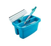 Leifheit Set de limpiacristales 4en1 FlexReach, limpiaventanas con Palo y Cubo, regleta de Goma y Palo de 43 cm de Longitud, rasqueta limpiacristales, aplicación 4en1, Almohadilla de Limpieza Lavable