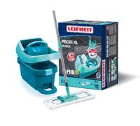 Leifheit Set de cubo con ruedas y mopa extraplana Profi XL, cubo escurridor con prensa y mopa friegasuelos con palo de acero de 3 piezas