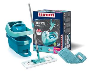 Leifheit Set de Prensa Profesional XL con mopa de 146 cm y Ruedas, 1 Funda de Microfibra para Todos los Suelos Lisos y 1 paño electrostático, Limpieza sin agacharse como Hecho a Mano, Sistema de Clic