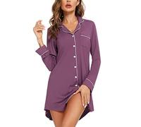 Leikar Camisones para mujer, con botones, pijamas, vestido de manga corta, ropa de dormir S-XXL, Manga larga-morada, XL