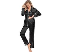 Leikar - Conjunto de pijama de seda de manga larga para mujer, pijamas suaves con botones, conjunto de pijama, Negro, XXL