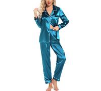 Leikar - Conjunto de pijama de seda de manga larga para mujer, pijamas suaves con botones, conjunto de pijama, Azul pavo real, XL