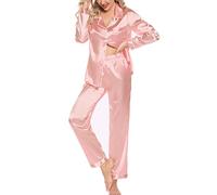 Leikar - Conjunto de pijama de seda de manga larga para mujer, pijamas suaves con botones, conjunto de pijama, Oro rosa, Large