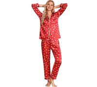 Leikar Pijama de seda de manga larga para mujer, conjunto de pijama suave con botones, Amor Rojo, S