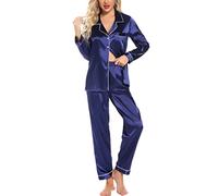 Leikar Pijama de seda de manga larga para mujer, conjunto de pijama suave con botones, Azul marino, Large