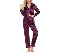 Leikar Pijama de seda de manga larga para mujer, conjunto de pijama suave con botones, Púrpura, Large