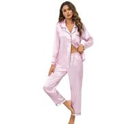 Leikar Pijama de Seda de Manga Larga para Mujer, Conjunto de Pijama Suave con Botones, Raya Rosa, XL