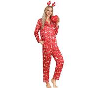 Leikar Pijama de seda de manga larga para mujer, conjunto de pijama suave con botones, rojo ((Red Elk), S