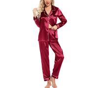 Leikar Pijama de seda de manga larga para mujer, conjunto de pijama suave con botones, Rojo vino, Large