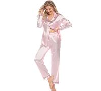 Leikar Pijama de seda de manga larga para mujer, conjunto de pijama suave con botones, Rosado, S