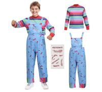 Leikedun Disfraz de Chucky para niños y niñas, disfraces de Halloween, parte superior a rayas y mono equipado con cuchillo sangriento de primera clase y calcomanías de tatuaje de cicatriz para fiesta
