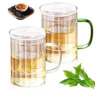 Leikurvo Juego de 2 tazas de té con tapa y colador, 400 ml, vidrio de té resistente al calor con asas de color de vidrio de borosilicato (mango transparente + mango verde)
