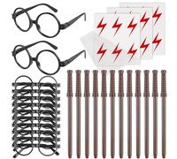 Leikurvo Juego de 42 accesorios para fiesta de magos, 12 lápices de varita mágica+12 piezas marco redondo sin vasos+18 tatuajes de rayo, adecuado para fiestas temáticas mágicas, decoración de regalos