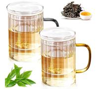 Leikurvo Taza de té con tapa y colador, 2 unidades de 400 ml, vidrio de té resistente al calor con asas de color de vidrio de borosilicato (mango amarillo + mango gris oscuro)