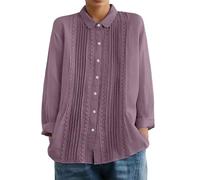 Leinenbluse mit Spitzenpatchwork, Langen Ärmeln, Reverskragen und Falten - Ein lässiges Sommer-Top., Lila., XXXXL
