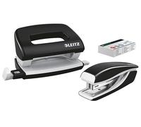 Leitz 55612095 - Juego de grapadora y perforadora (tamaño mini, grapas o perforadoras de hasta 10 hojas, incluye grapas P2 N°10, gama WOW), color negro