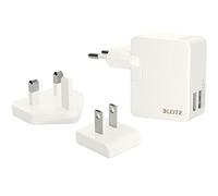Leitz 65200001 - Cargador de Pared de Viaje, con 12 vatios, 2 Puertos USB, 2,4A. con adaptadores para Reino Unido, USA y Europa. Color Blanco