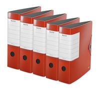 Leitz Archivador de calidad 180° sólido, paquete de 5 unidades, A4, color rojo claro, ancho de lomo de 8,2 cm, cierre de banda elástica, espuma de polietileno resistente, etiqueta trasera