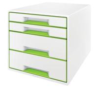 Leitz Buc de 4 Cajones A4 con Rotulador y Bandeja Transparente, Organizador, Gama WOW, Blanco/Verde, 52132054