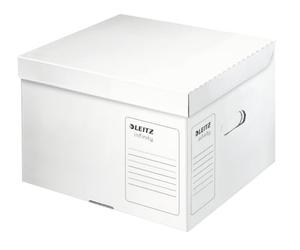 Leitz Contenedor de archivo Infinity, tamaño M, caja para caja de archivo A4 de 3 x 100 mm/2 x 150 mm, caja de transporte con tapa en la parte superior, embalaje de cartón plegable, cartón ondulado 100% libre de ácidos, blanco, 1 pieza, 61030000