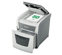 Leitz IQ Destructora de Papel Automática para Oficina Pequeña, Seguridad P4, 50 Hojas, Corte Transversal, Papelera, Depósito de 20L de Capacidad, Blanca, 80350000