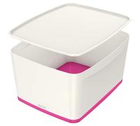 Leitz MyBox Grande con tapa, Caja de almacenaje para casa o la oficina, 18 litros, A4, Blanco/Rosa metalizado, Plástico brillante, 52161023