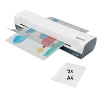 Leitz plastificadora iLAM Home A3, blanca, calentamiento 3 min | Color Blanco, Utiliza de 2x75 a 2x125 Micras, Luces LED, Incluye Kit Inicio, Plastifica 10 Bolsas en 10 min