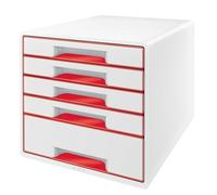 Leitz WOW Cajonera de Sobremesa, Archivador de Cajones para Escritorio Tamaño A4 con Bandeja Organizadora Transparente, 4 Cajones Pequeños y 1 Grande, Blanco/Rojo, 52132026