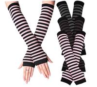 Lejelyma 3 Pairs Fingerless Arm Warmers Elastic Striped Long Arm Warmers with Layered Stitching Wind-Proof Stylish Women for Gothic, Jk Uniform and Lolita Outfits