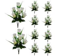 Lejelyma Artificial Rose 10 Bouquets 13.8'' Realistic Fake Roses with 7 Heads Silk Faux Flowers Cemetery Flowers for Grave Vivid Artificial for Wedding Party Home Decoration White
