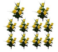 Lejelyma Artificial Rose 10 Bouquets 13.8'' Realistic Fake Roses with 7 Heads Silk Faux Flowers Cemetery Flowers for Grave Vivid Artificial for Wedding Party Home Decoration Yellow