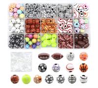 LEKAI 15 Styles of Sports Ball Beads Basketball Tennis Volleyball Baseball Rugby Football Beads with 1 Roll of Elastic Rope and a Plastic B