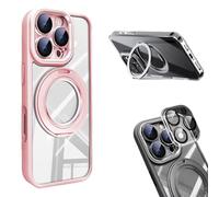 Lekcase for iPhone 17 Series 360 Magnetic Case with Rotating Stand, Magnetic Charging Anti-Collision Phone Case with Lens Film Protection for iPhone 17/16/15/14/13 PROMAX (Pink,15PRO)