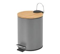 LEKE GO Papelera de Baño Metal con Tapa de Bambú 3 Litros, Cubo de Basura con Tapa y Pedal Cierre Silencioso (Gris)