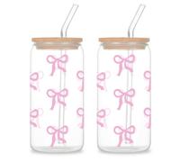 LEKEFETO 2 vasos de cristal 16 oz con tapa y pajita, taza de té de burbujas, diseño de arco decorativo, vaso versátil para batidos y latte