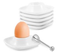 LEKEFETO 6 hueveras de porcelana: soporte para huevos cuadrado de porcelana con abridor de huevos de acero inoxidable, apilable con esquinas redondeadas y bandeja, juego de desayuno, para cocina y
