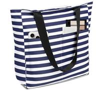 LEKEFETO Bolsa Grande de Playa con Cremallera - Impermeable, Plegable con Varios Bolsillos para Baño, Viajes, Vacaciones, Fitness - Rayas Azul Marino