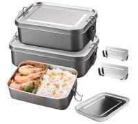 LEKEFETO Fiambrera de acero inoxidable, 2 unidades, 850+1400 ml, divisor móvil, fiambrera a prueba de fugas, diseño de cierres, para niños y adultos, apto para lavavajillas
