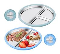 LEKEFETO Juego de 2 platos infantiles de acero inoxidable con ventosa, 23 cm, platos divididos con funda de silicona intercambiable, vajilla irrompible y antideslizante para bebés para familias (azul