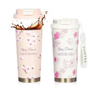 LEKEFETO Juego de 2 tazas de café para llevar de 500 ml, termo de acero inoxidable con pajita y tapa a prueba de fugas para bebidas calientes y frías, diseño Sakura, color blanco y rosa