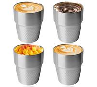LEKEFETO Juego de 4 vasos de acero inoxidable de 300 ml, doble pared, aislados, apilables, diseño de diamantes, color plateado, ideal para el hogar, bar, restaurante