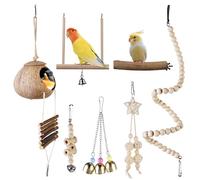 LEKEFETO Juego de 7 juguetes para pájaros de madera natural con escalera de escalada, hamaca y accesorios para loros, fácil de instalar para periquitos y periquitos