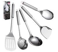 LEKEFETO Juego de utensilios de cocina de acero inoxidable de 5 piezas con cuchara, cucharón, espátula, espátula y espumadera, incluye colgador, acero inoxidable 304, color plateado