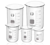 LEKEFETO Juego de vasos de cristal de 50 ml, 100 ml, 250 ml, 500 ml, 1000 ml, juego de 5 vasos medidores graduados, vasos de vidrio de borosilicato para laboratorio, juego de vasos medidores de