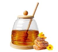 LEKEFETO Tarro de miel con cuchara de miel y tapa de madera: 500 ml, dispensador de miel de cristal, tarro transparente de boca ancha, recipiente para miel para almacenar miel, jarabe