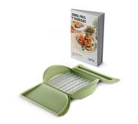 Lékué Estuche de vapor silicona platino Verde con bandeja y libro de recetas en español, 3-4 personas, 1400 ml