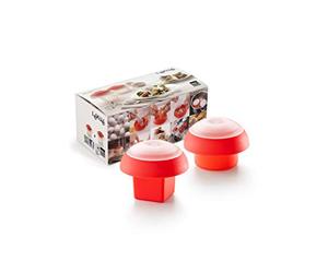 Lékué Kit 2 Moldes Cocedor de huevos para microondas o baño maría, silicona platino Rojo, Cúbico y cilíndrico 100 ml x 2