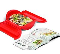 Lékué Kit Estuche de vapor, 3,4 personas + libro de recetas, Silicona platino Rojo, 1400 ml